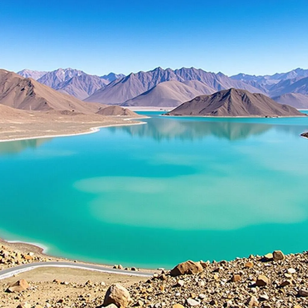 Turquoise waters of Pangong Tso Lake with mountains in the backdrop