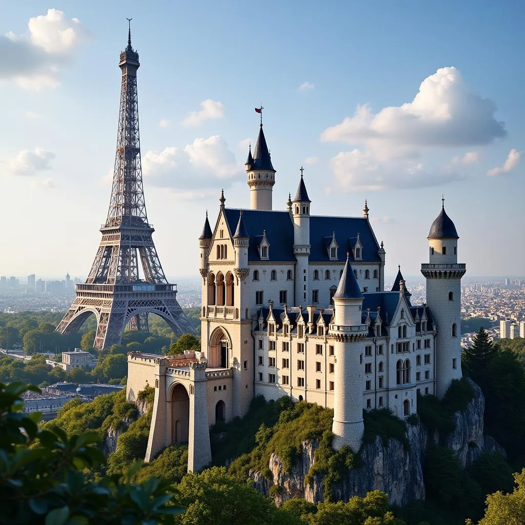 Eiffel Tower with a majestic castle in the foreground