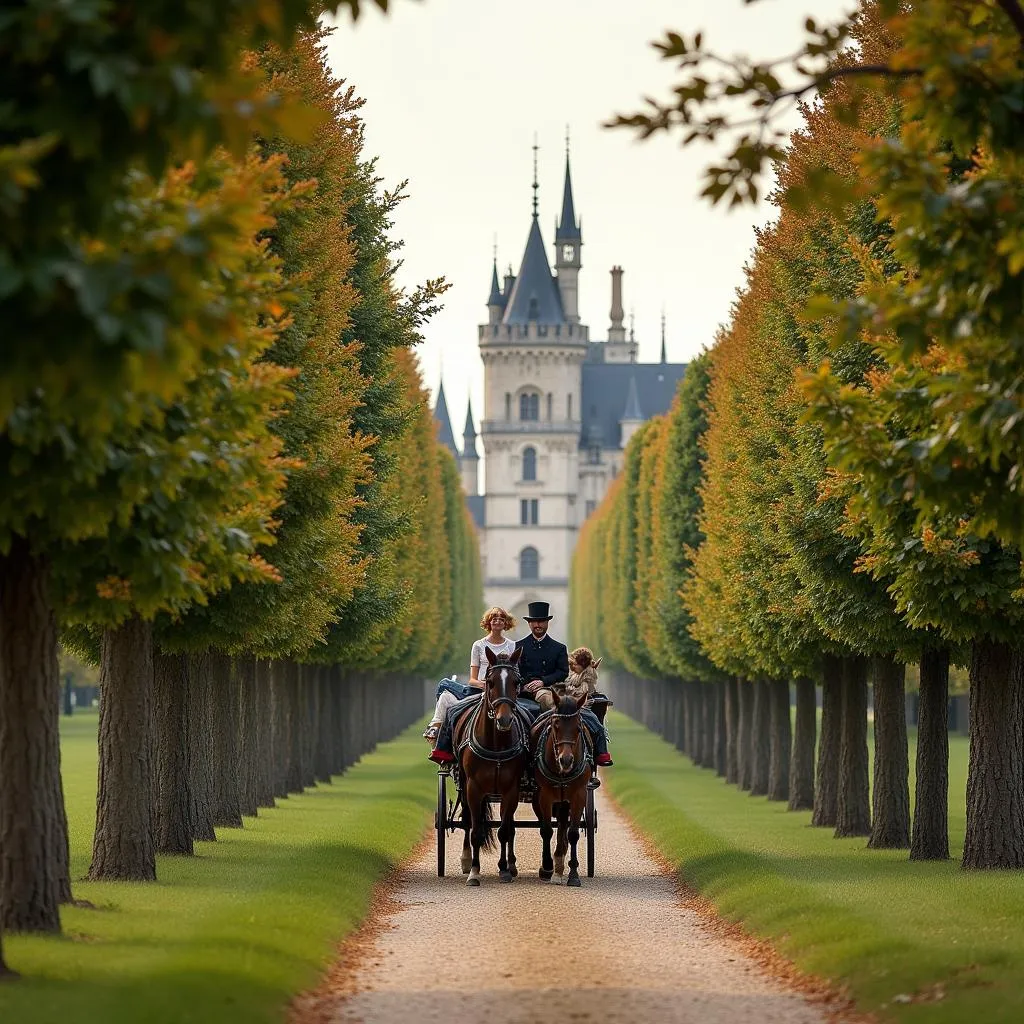 Horse-drawn carriage ride near a majestic castle