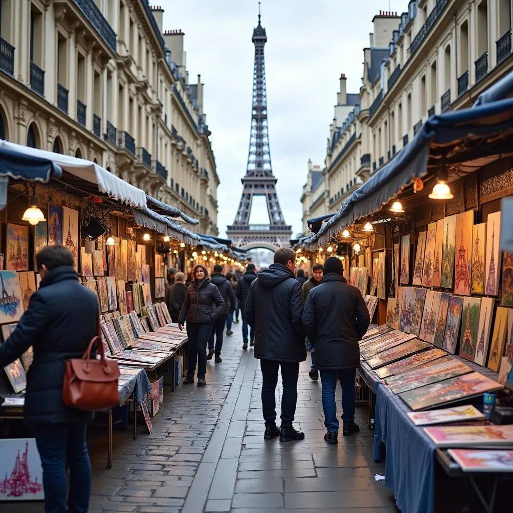  Parisian Art Market Displaying Eiffel Tower Paintings