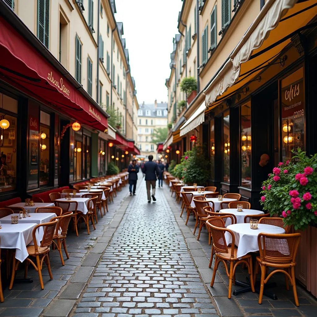 Outdoor seating area of a charming Parisian cafe