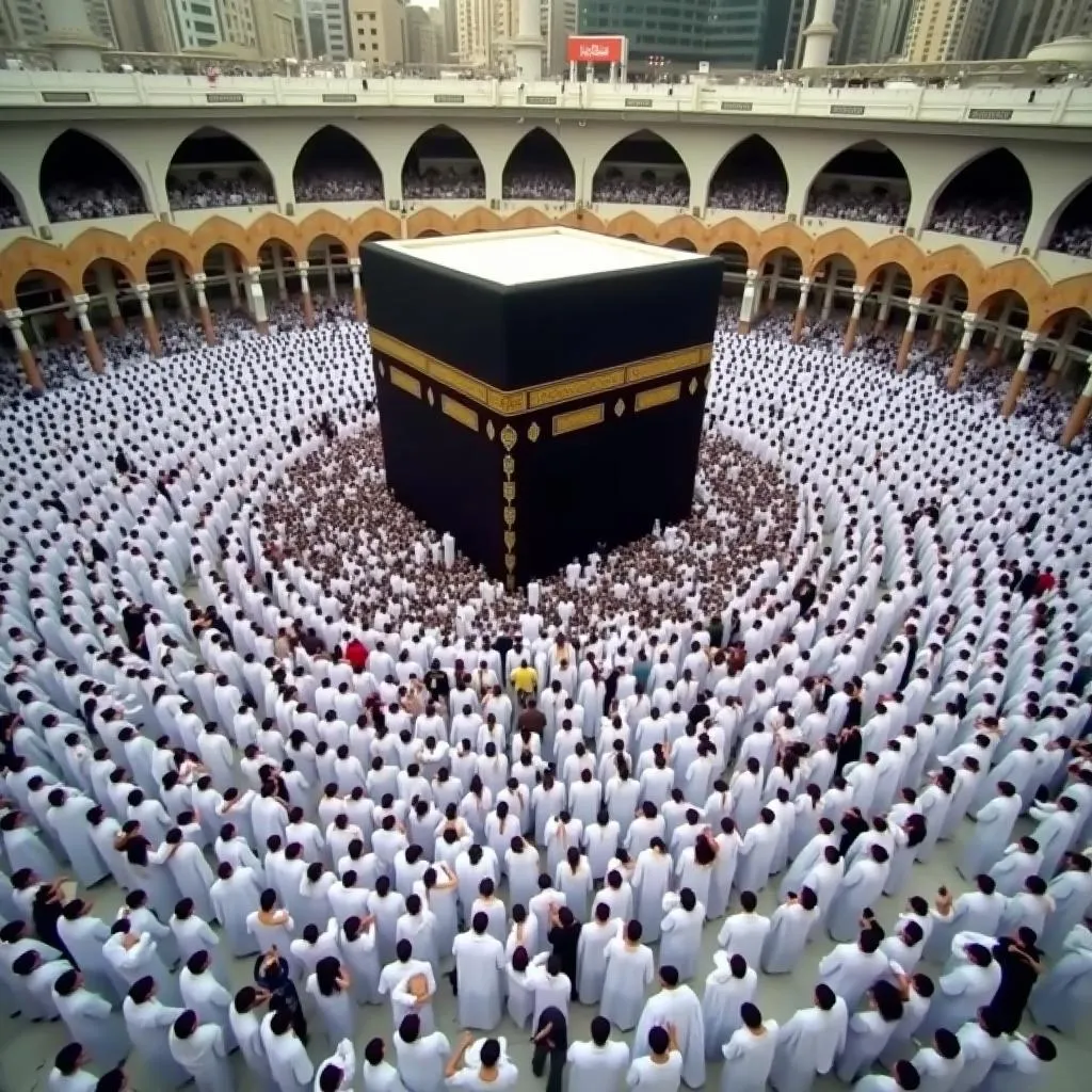 Pilgrims performing Tawaf around the Kaaba