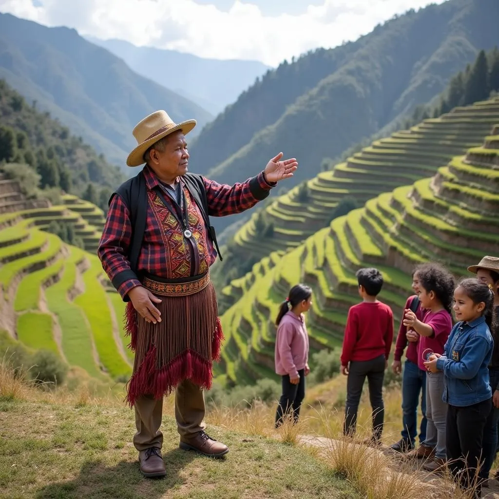 Peruvian farmer explaining traditional farming methods