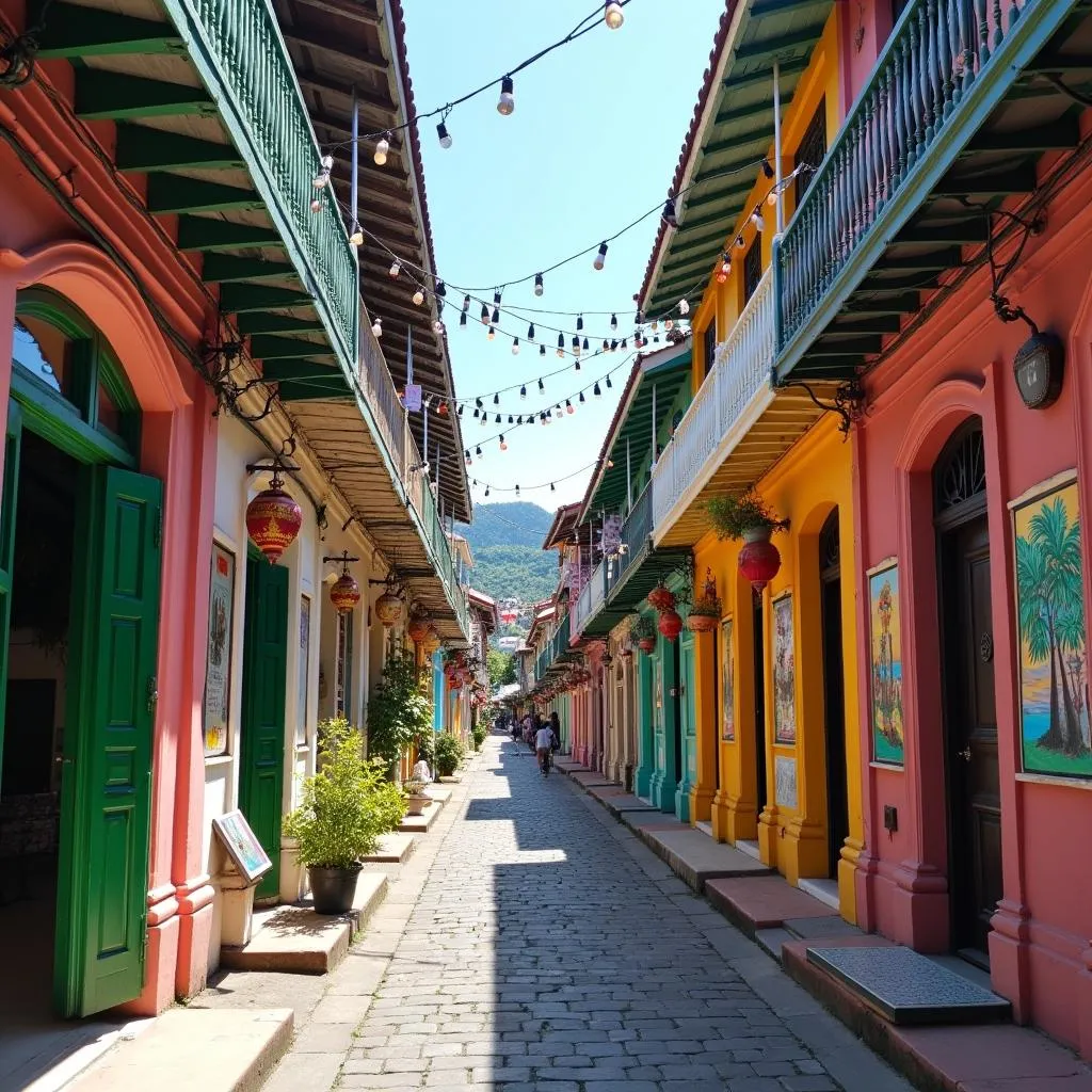 A group of tourists exploring the colorful streets of Phuket Old Town