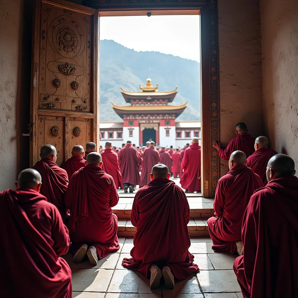 Tibetan Pilgrims Prostrating at Jokhang Temple