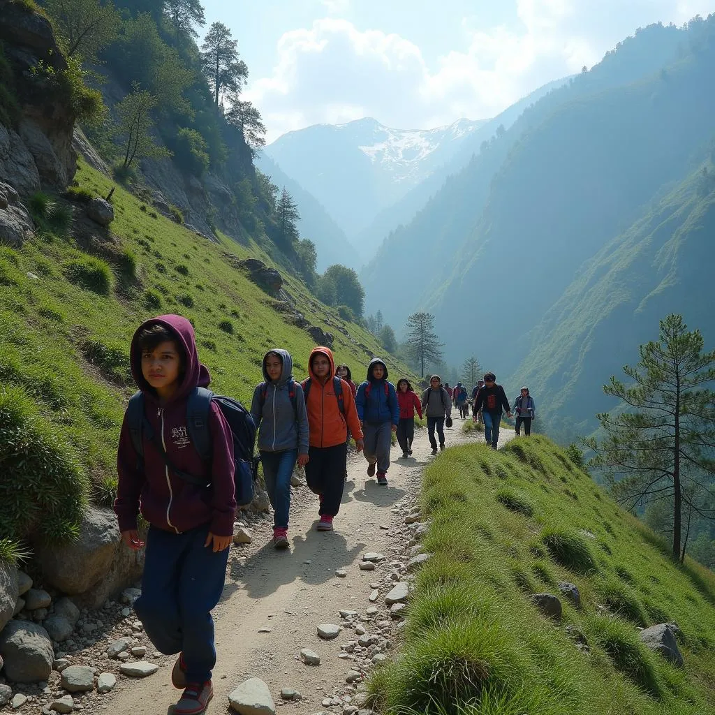 Pilgrims trekking the scenic path to Vaishno Devi shrine