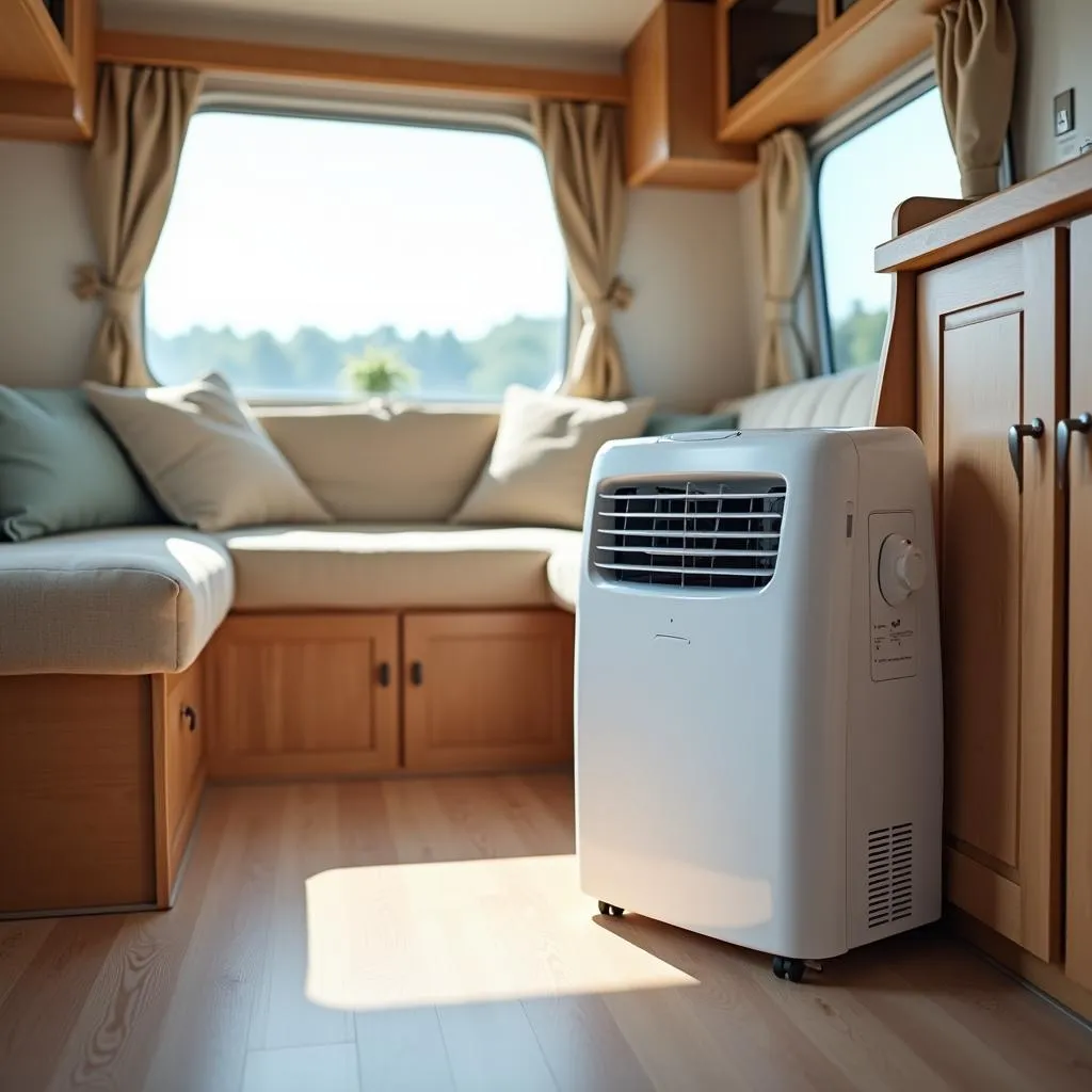 Portable air conditioner unit inside a caravan