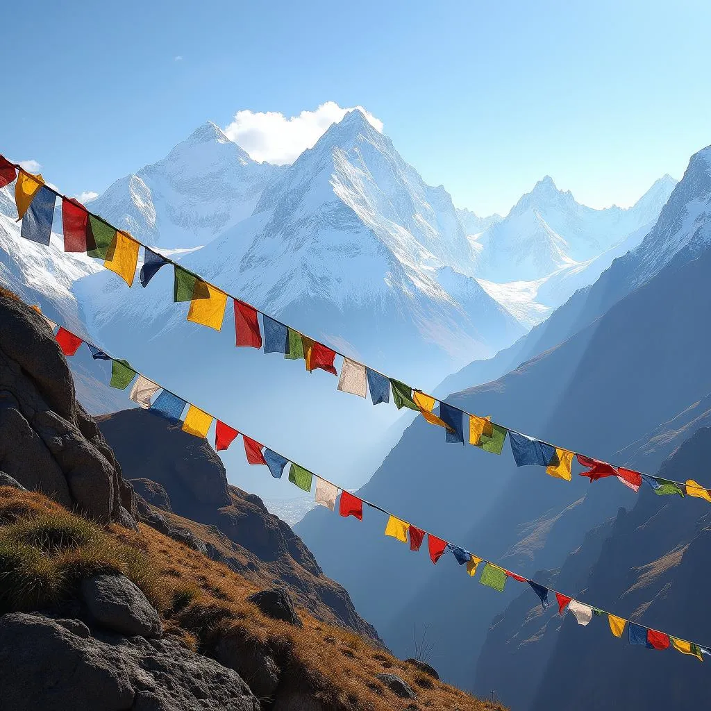 Colorful prayer flags fluttering against a backdrop of snow-capped mountains