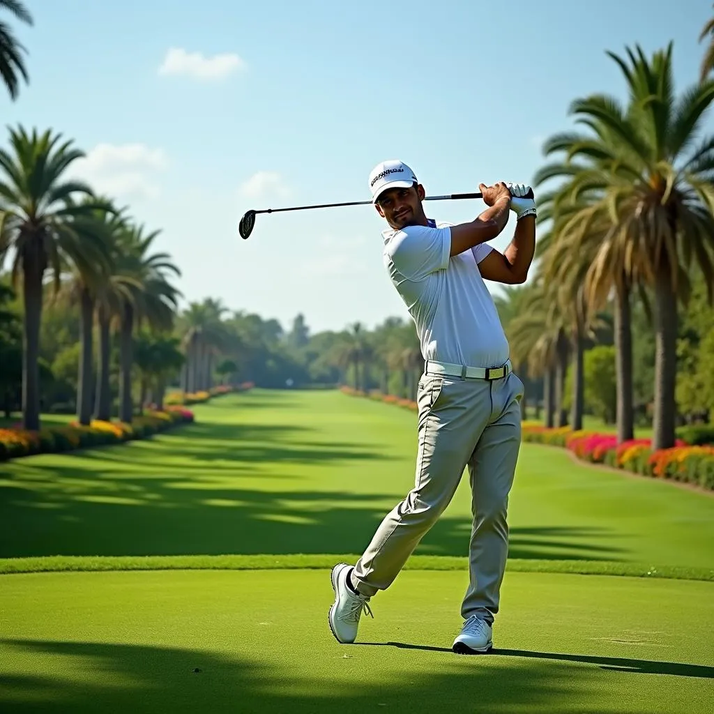 Professional golfer teeing off on a lush green fairway in India