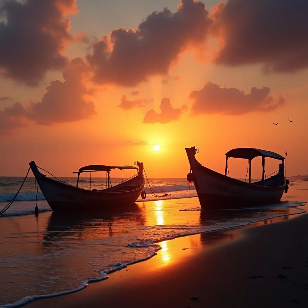 Serene sunset at Puri beach with fishing boats.