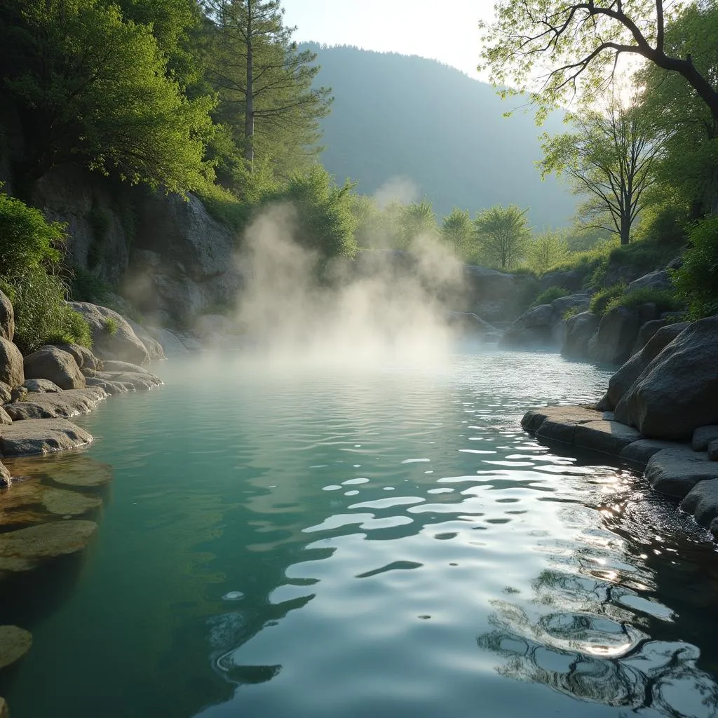 Outdoor Japanese Onsen with Steam