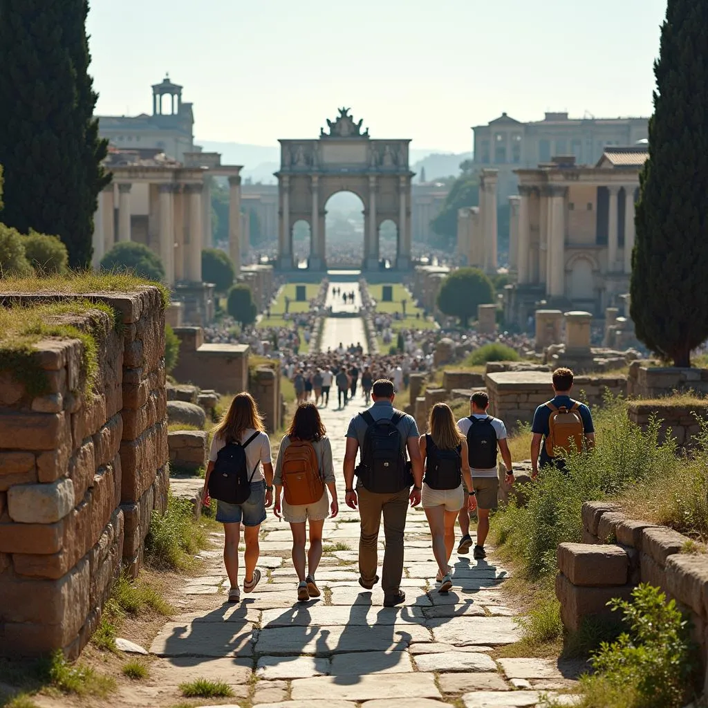 Tourists exploring the Roman Forum ruins with a tour guide