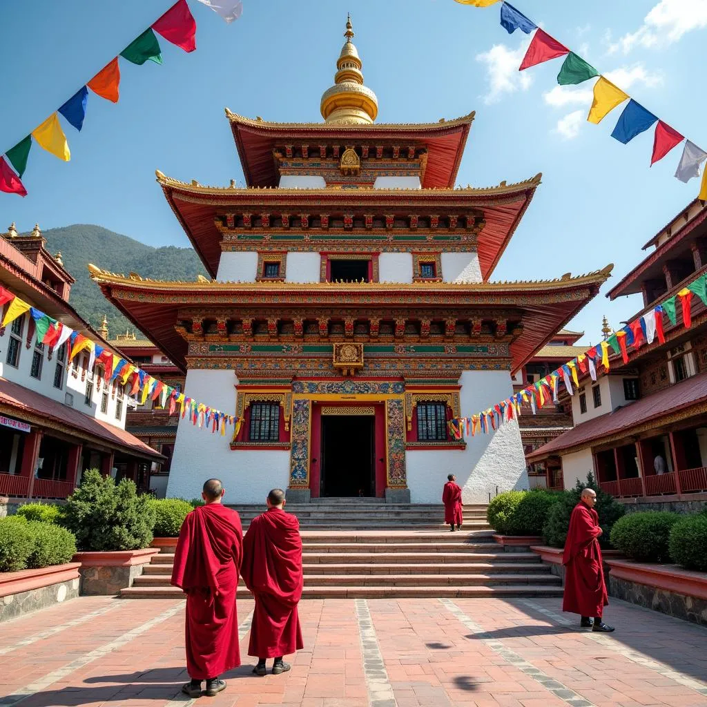 Colorful Rumtek Monastery exterior with monks