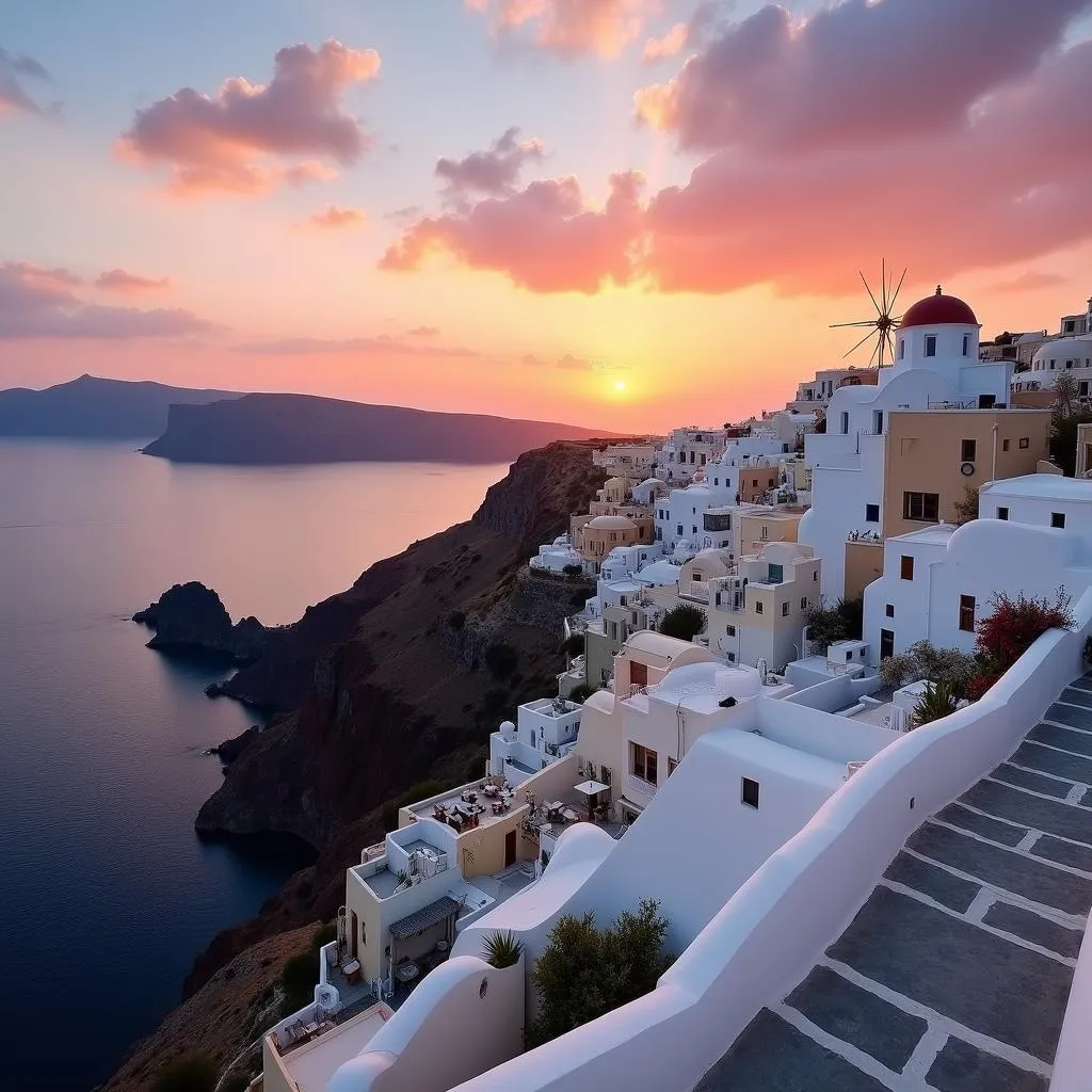 Santorini white houses with sunset backdrop