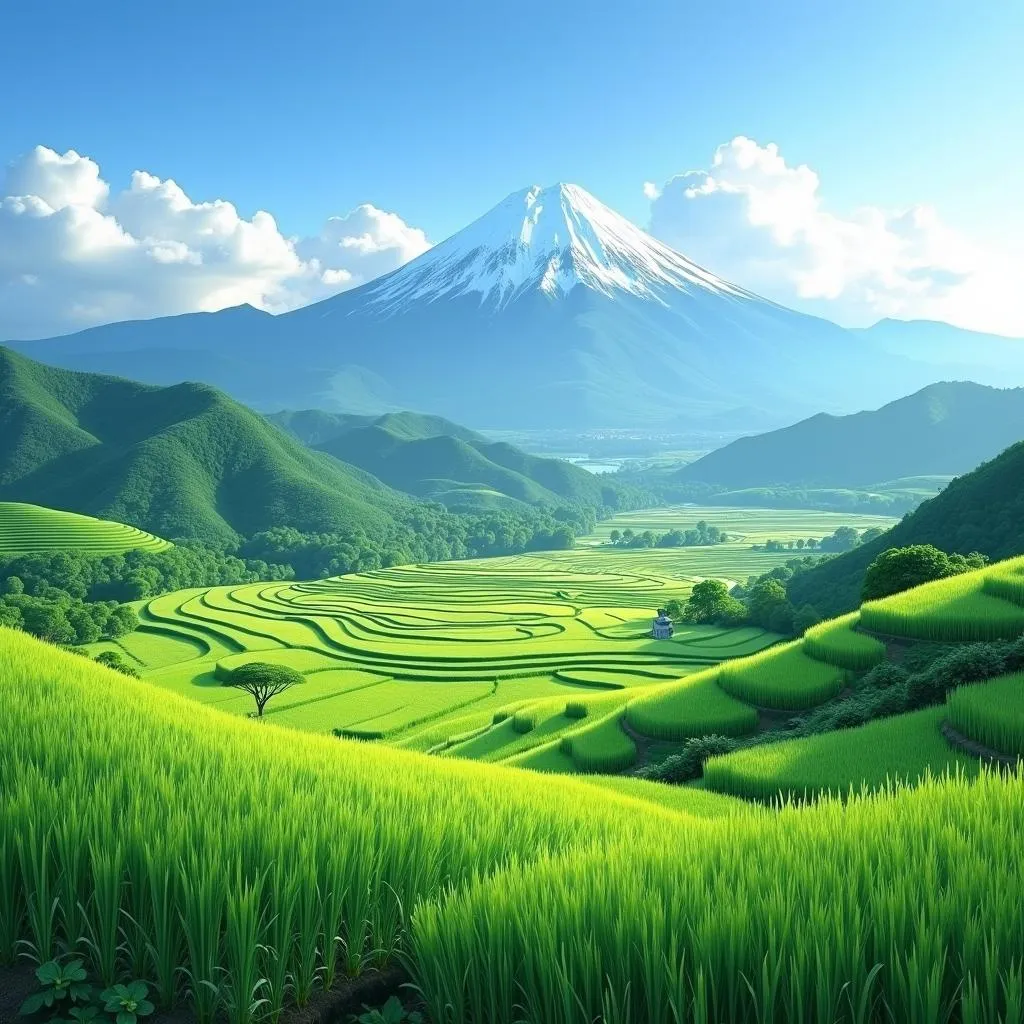 Breathtaking Japanese countryside with mountains and rice paddies