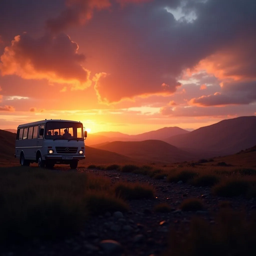 A minibus parked in the Scottish Highlands at sunset