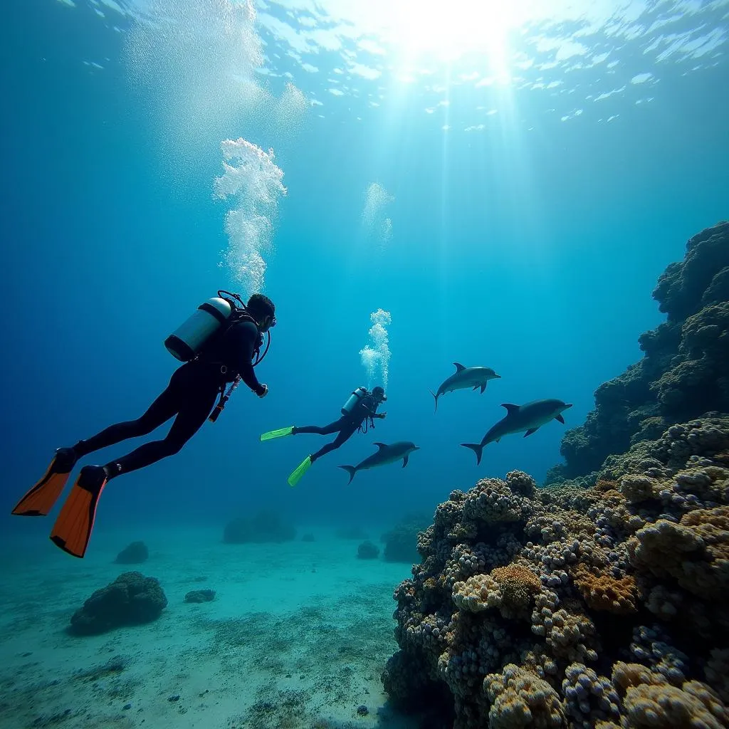 Scuba diver exploring a vibrant coral reef teeming with marine life in the Andaman Sea