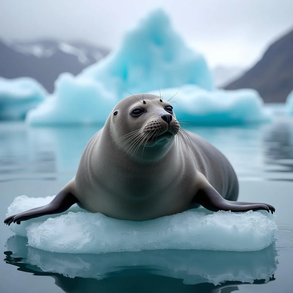 Seal Resting on Iceberg in Jokulsarlon Glacier Lagoon