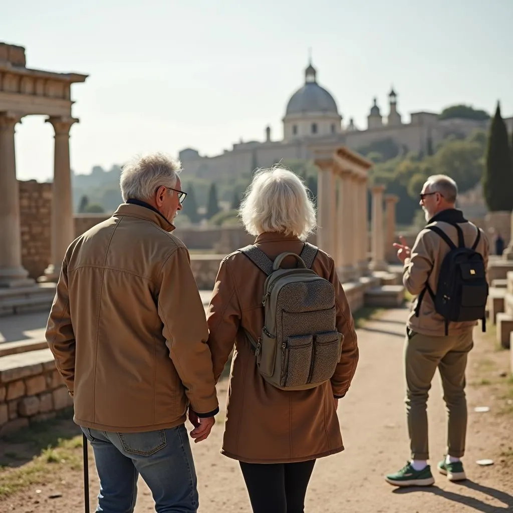 Senior couple exploring ancient ruins with a tour guide