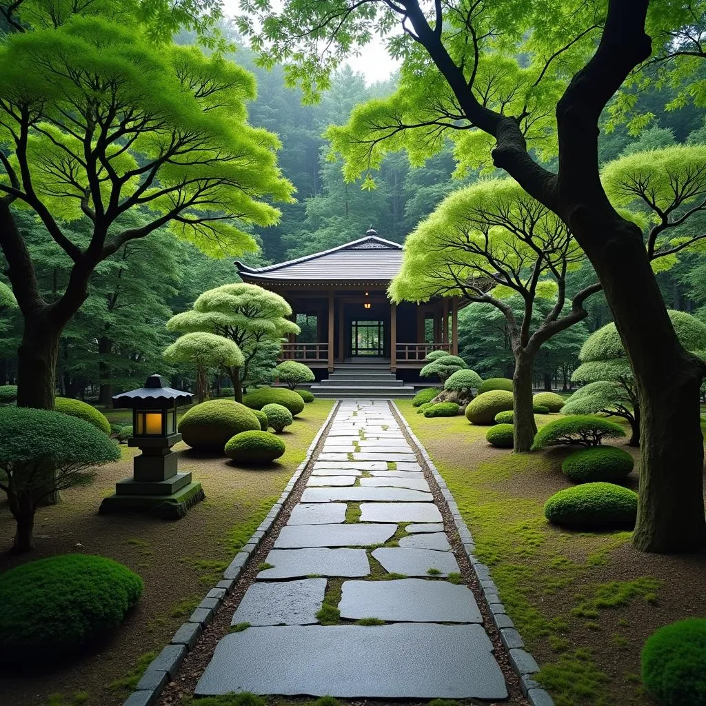  A peaceful pathway winds through a traditional Japanese garden, adorned with stone lanterns and lush greenery