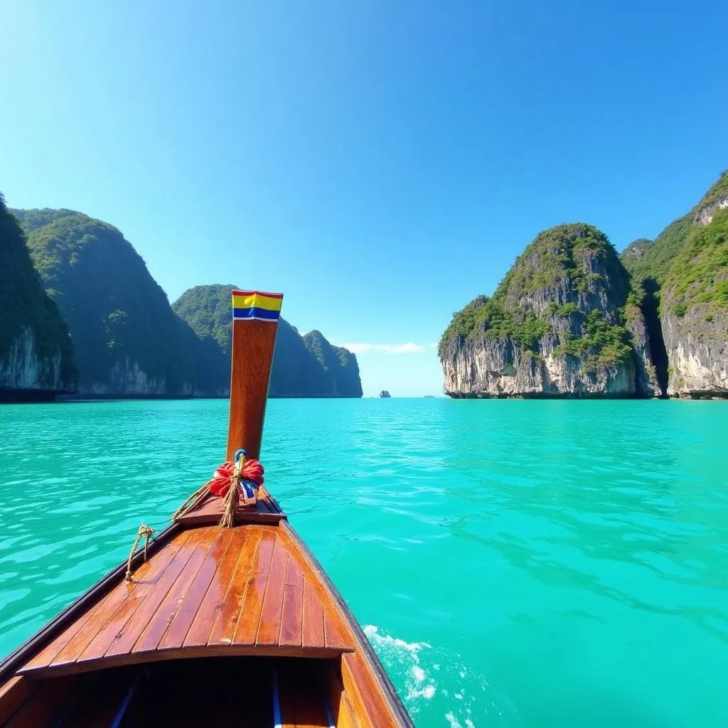 Longtail boat on turquoise water during a seven island tour in Krabi