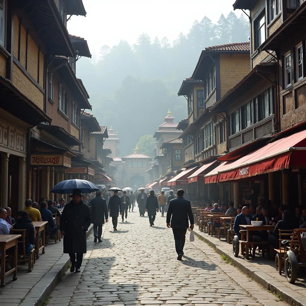 Bustling Mall Road in Shimla with colonial architecture and stunning mountain backdrop