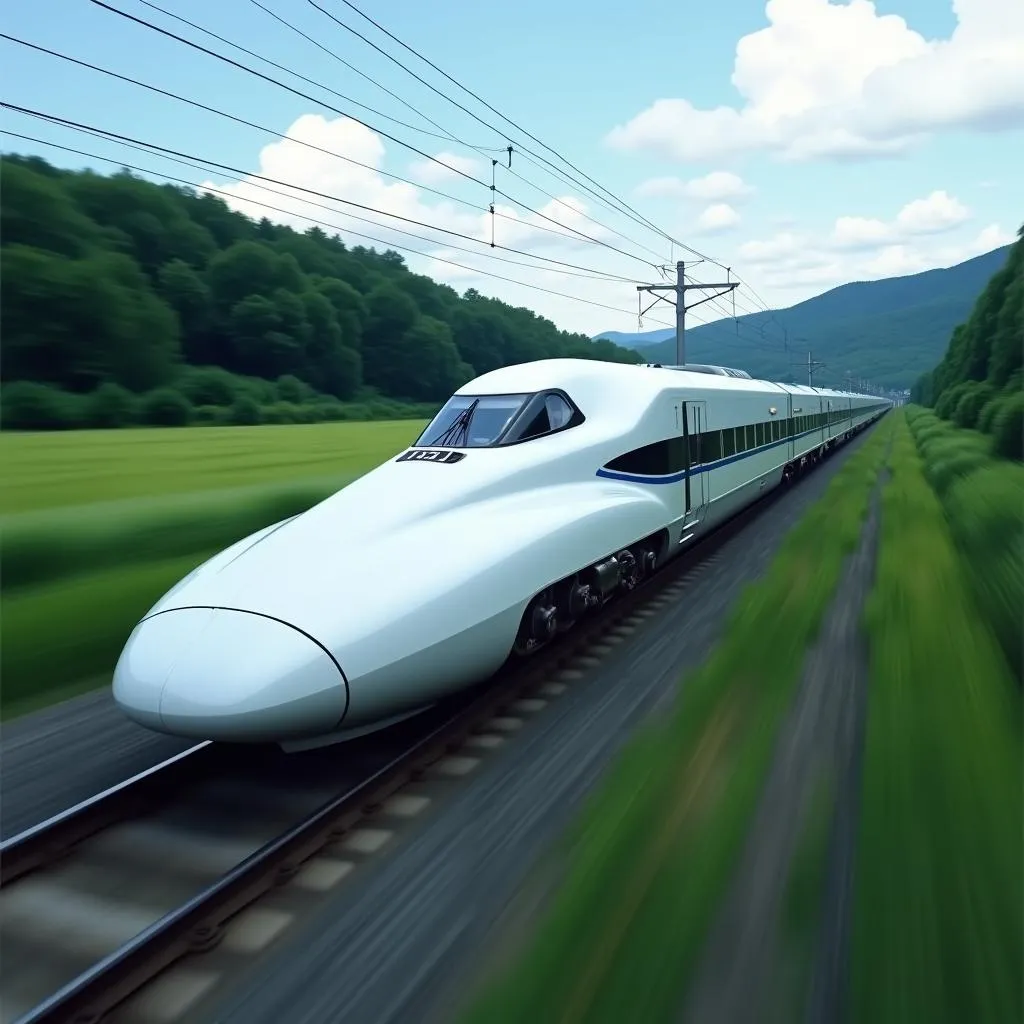 Shinkansen Bullet Train Speeding Through Japanese Countryside