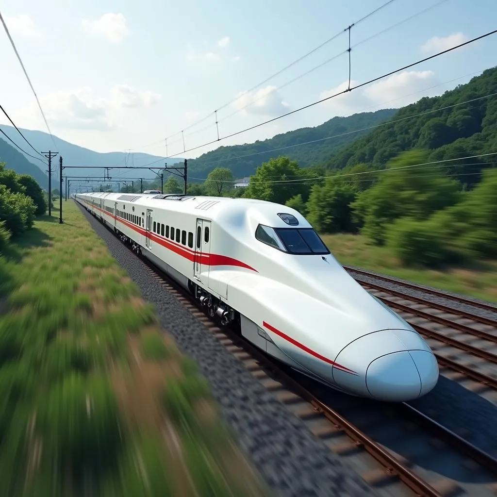 Shinkansen bullet train speeding through the Japanese countryside