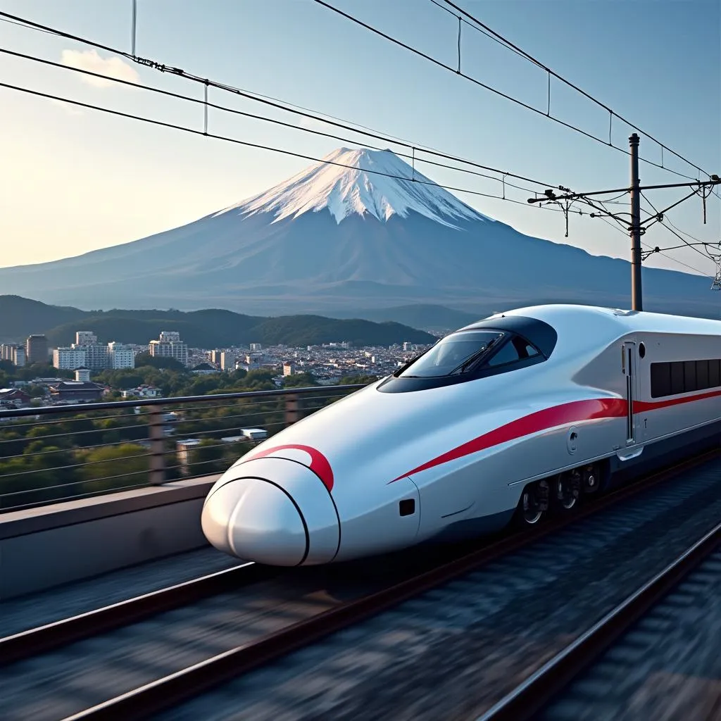 Shinkansen bullet train speeding past Mount Fuji