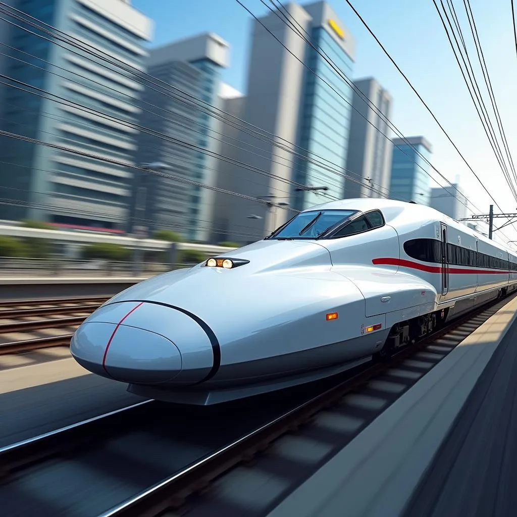 Shinkansen Bullet Train Speeding Through Tokyo