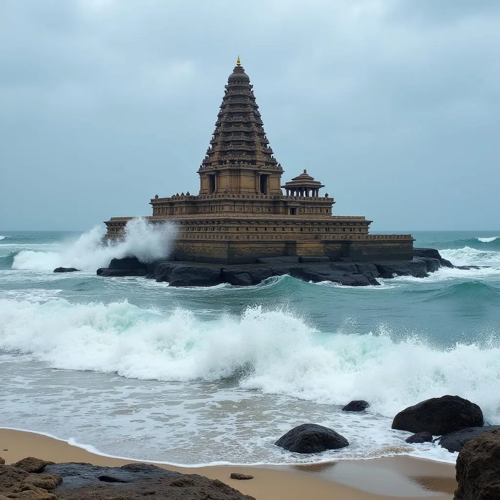 Shore Temple in Mahabalipuram with crashing waves