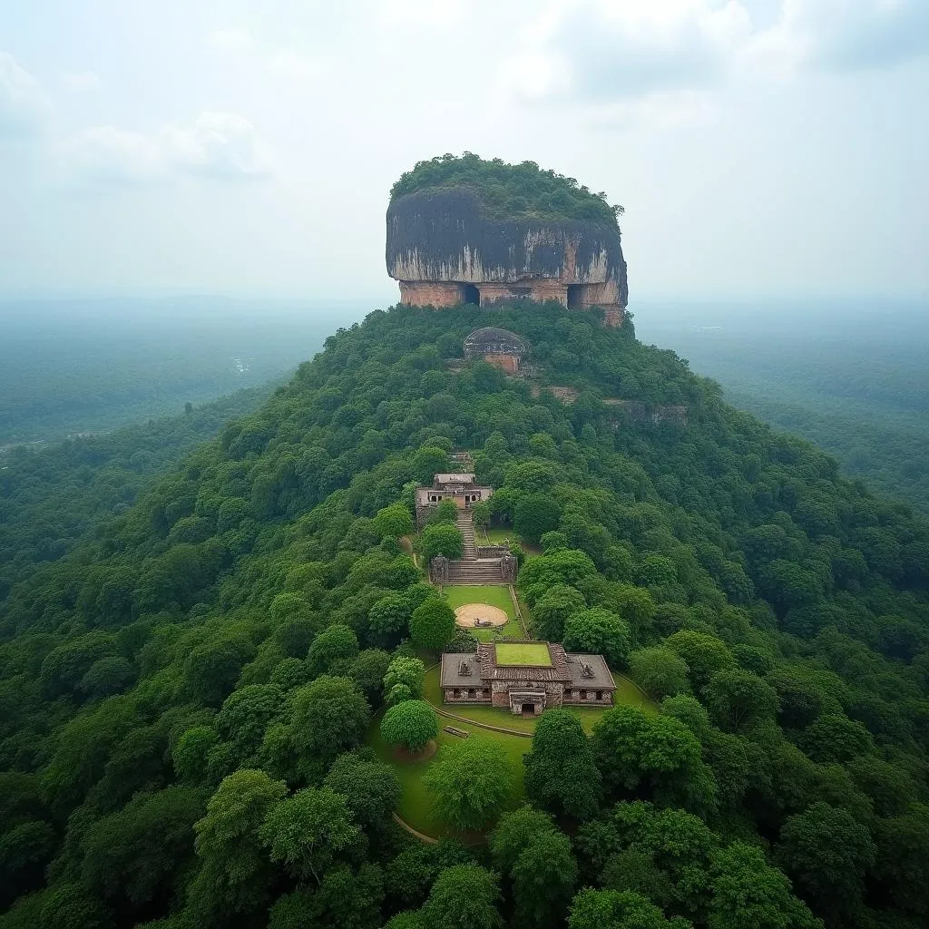 Ancient Sigiriya rock fortress in Sri Lanka rising above the jungle