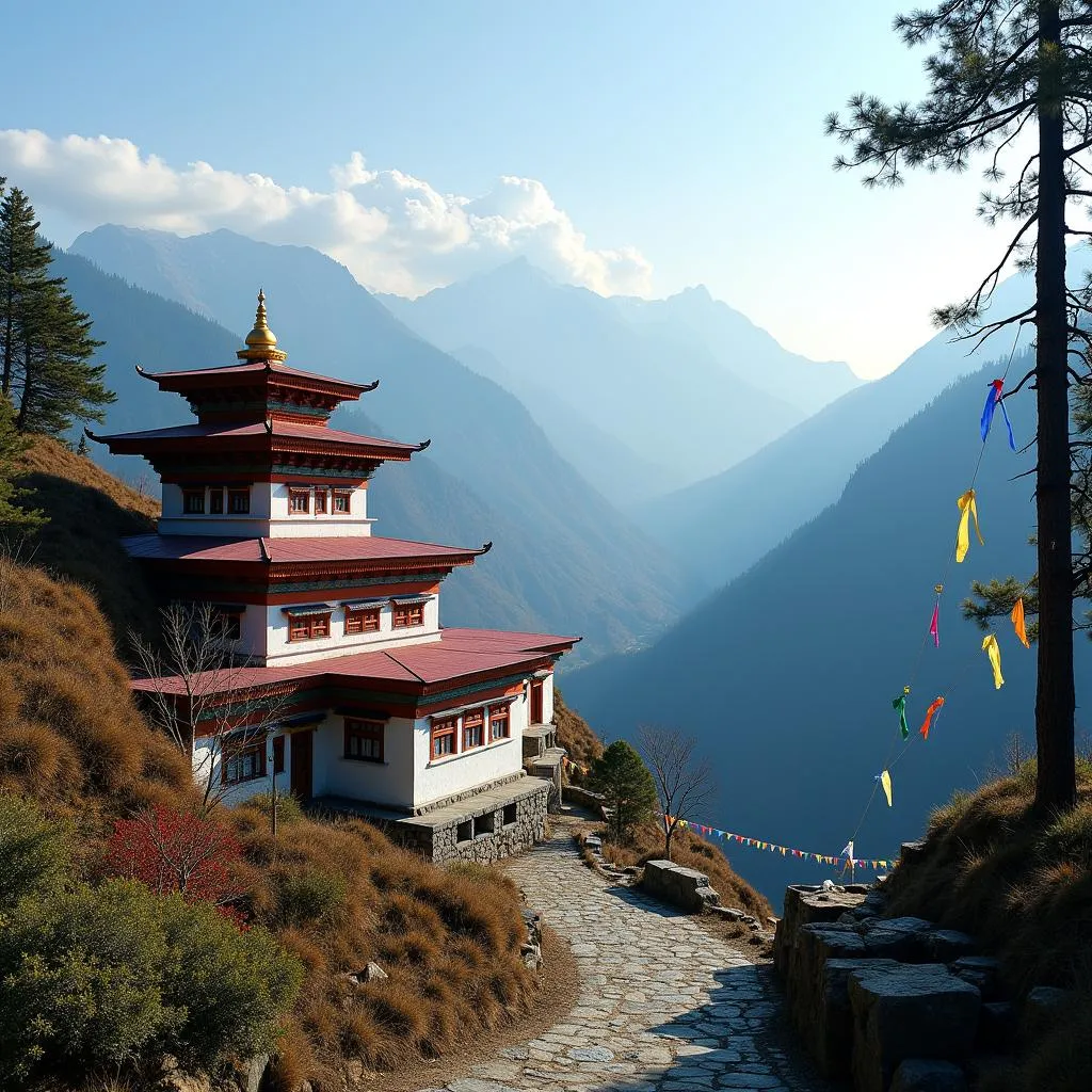 A monastery perched on a mountainside overlooking a valley in Sikkim.