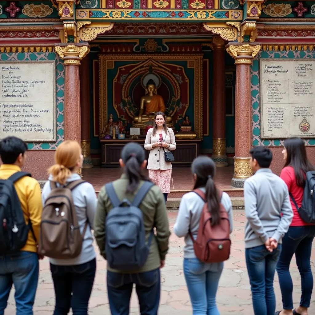 Sikkim tour guide explaining Buddhist traditions to visitors at a monastery