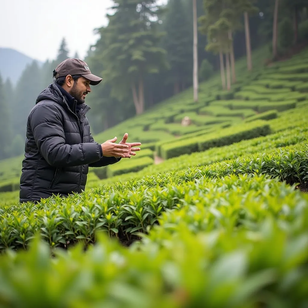 Sikkim tour guide explaining tea cultivation process in a lush tea garden