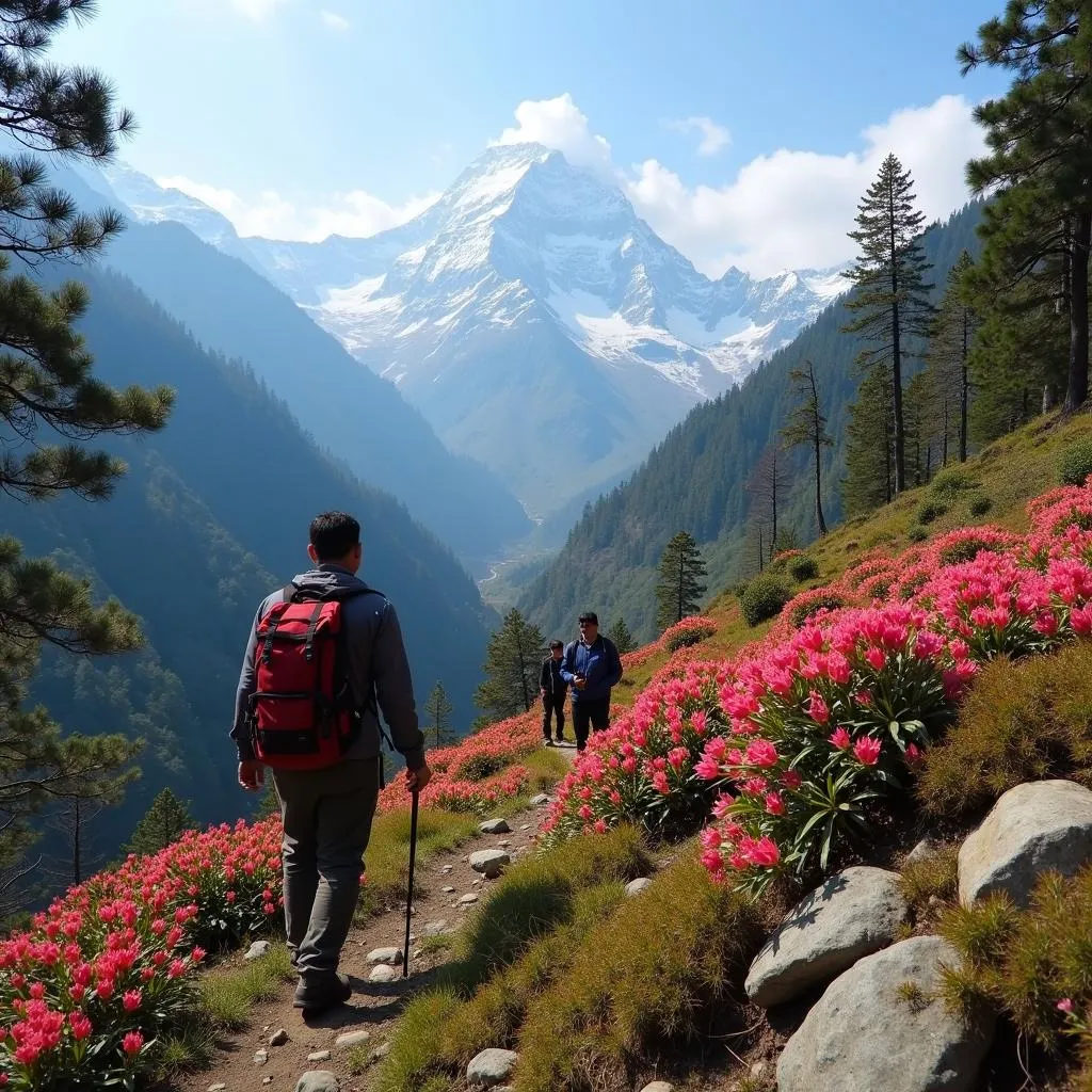 Experienced Sikkim tour guide leading trekkers through a lush Himalayan trail