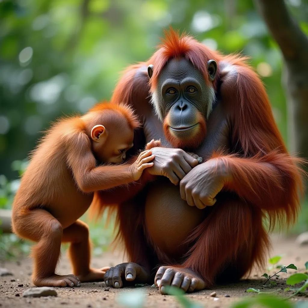 Singapore Zoo orangutan family in their habitat.