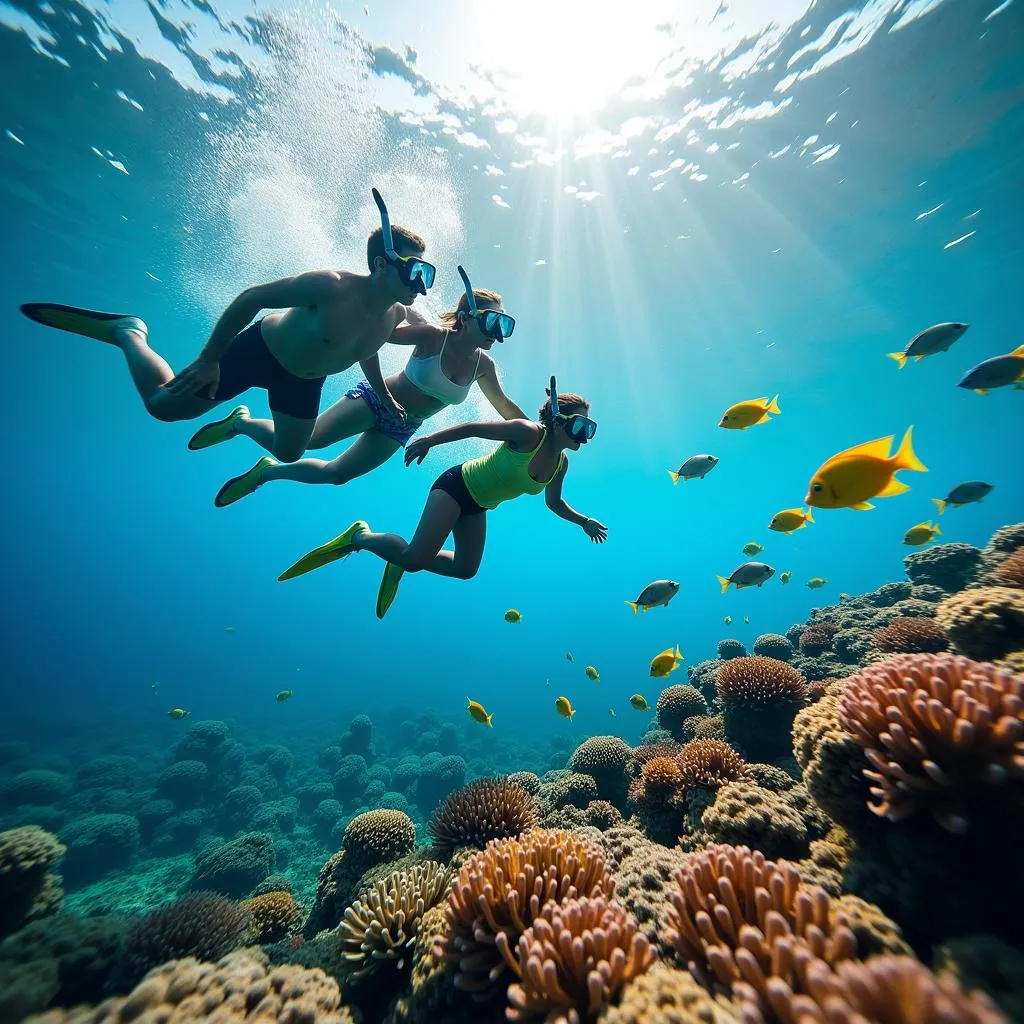 Family snorkeling above vibrant coral reef in Andaman