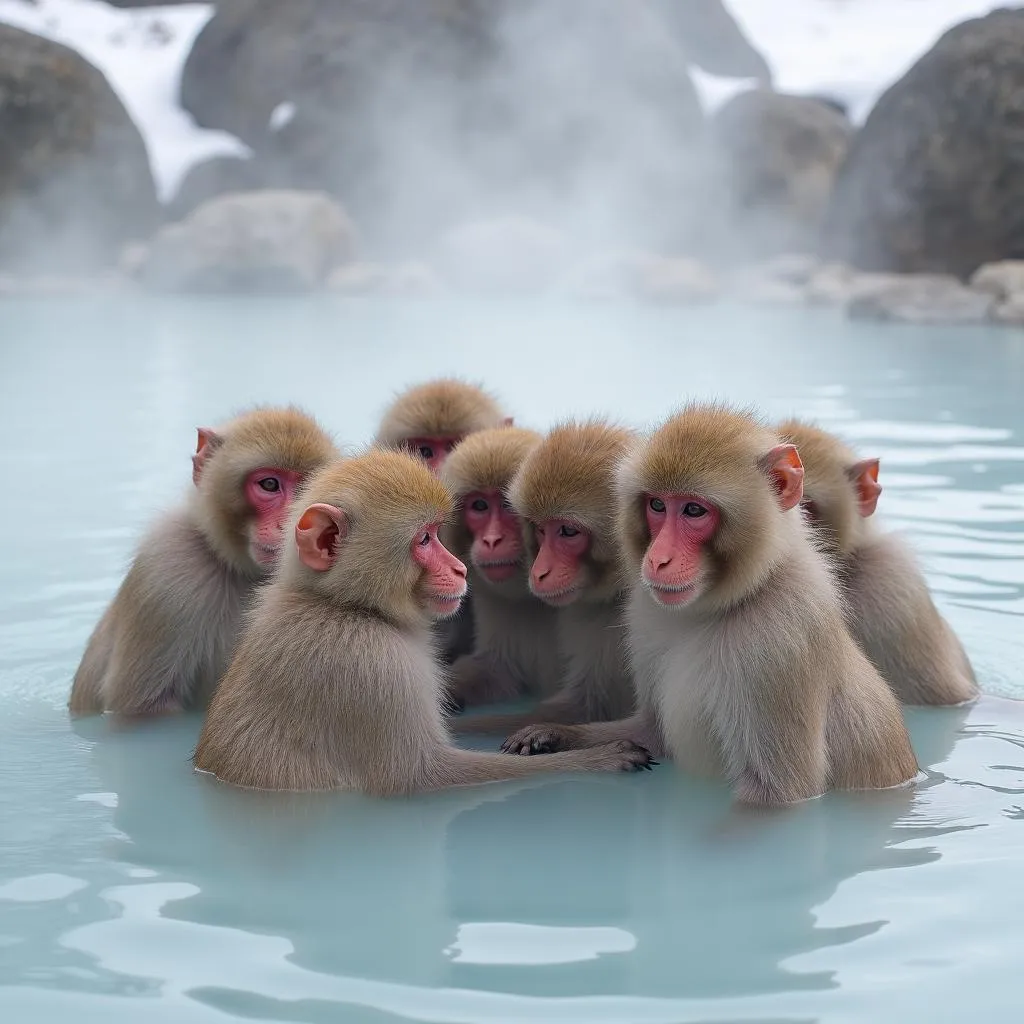 Snow monkeys relaxing in a hot spring, Jigokudani Monkey Park