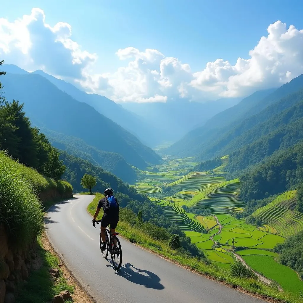 A cyclist takes in the breathtaking vista from a mountain pass in Sapa, Vietnam