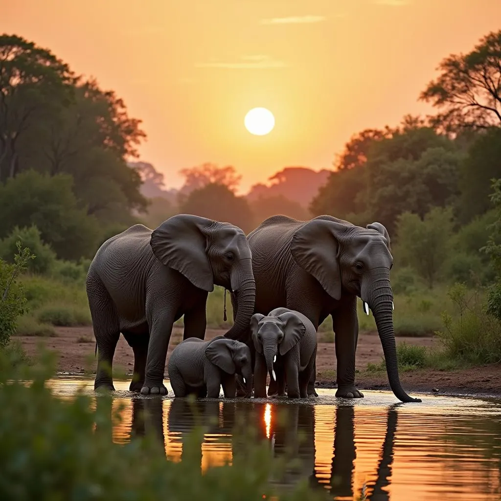 Elephants Gathering at a Waterhole in Sri Lanka