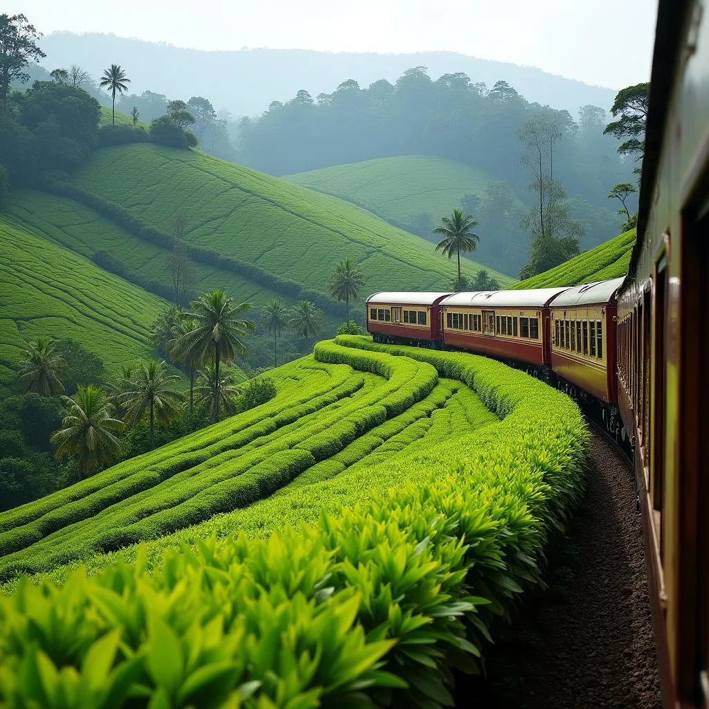 Scenic train journey through lush tea plantations in Sri Lanka