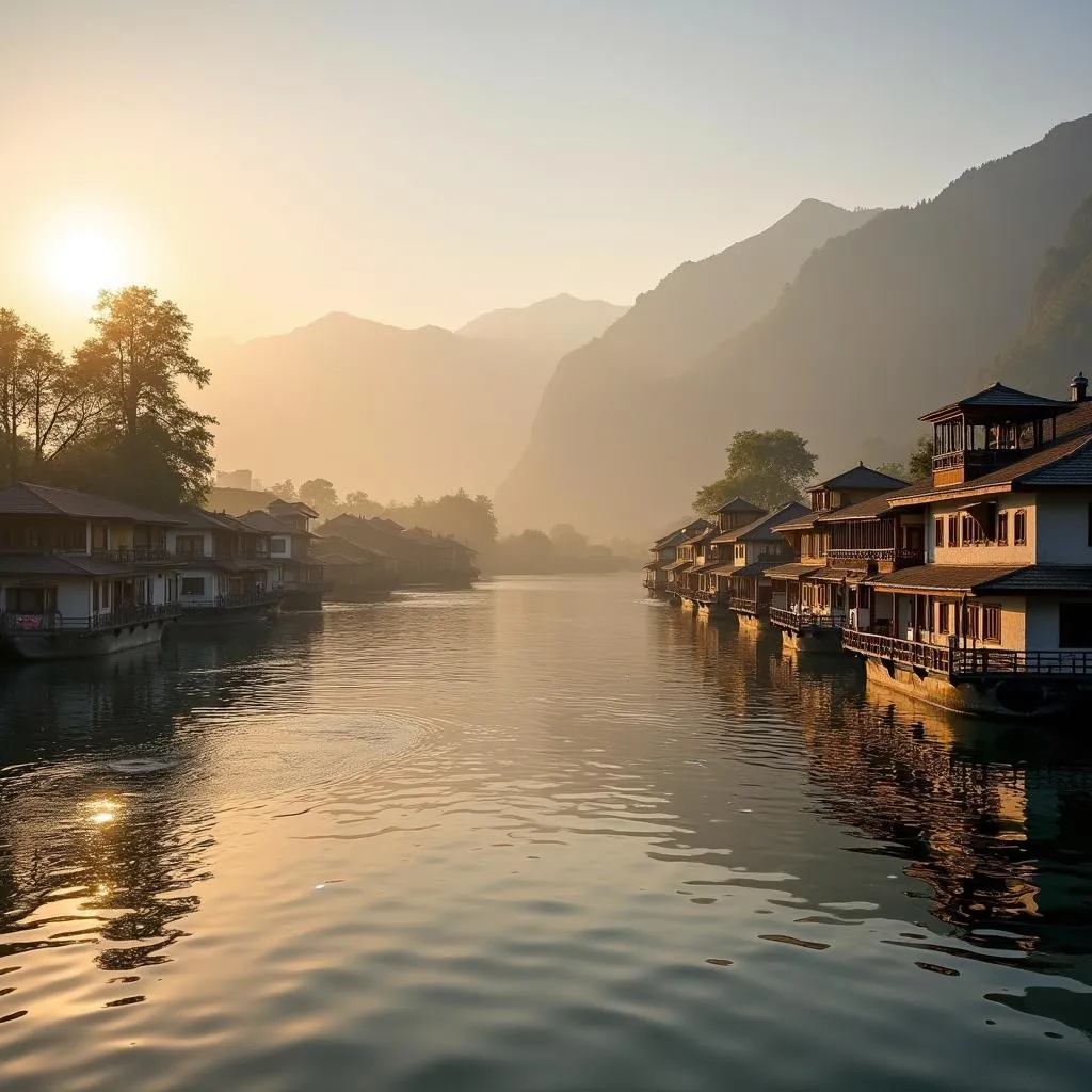 Srinagar Dal Lake houseboats at sunrise