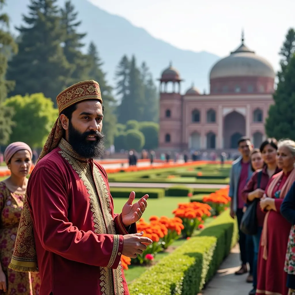 A local guide in Srinagar explaining the history of Mughal Gardens to a group of tourists