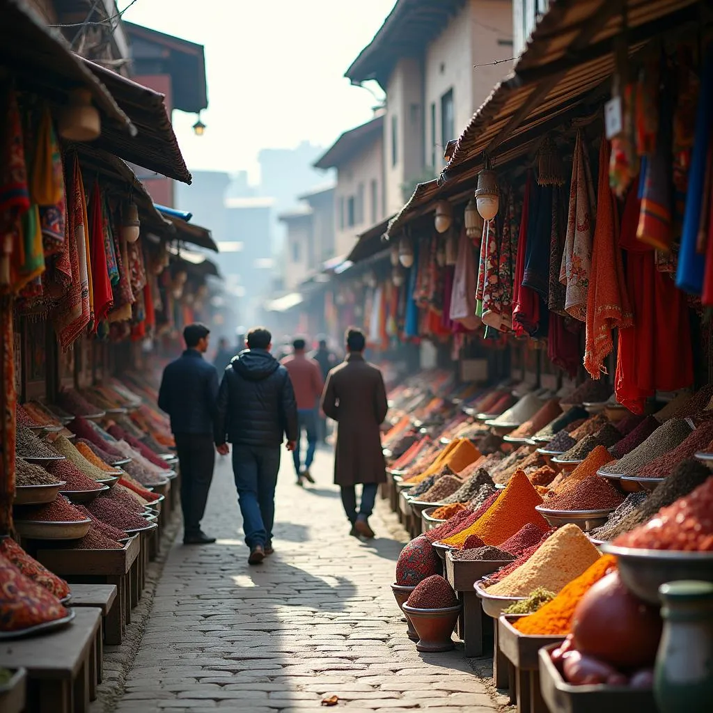 Vibrant market scene in Srinagar's Old City, showcasing colorful spices and traditional textiles