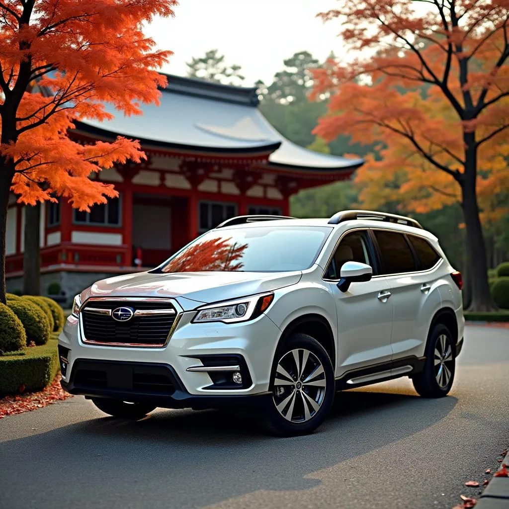 Subaru Ascent Touring parked near a traditional Japanese temple amidst autumn foliage