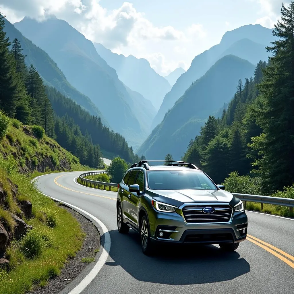 Subaru Ascent Touring driving on a winding mountain road with scenic view