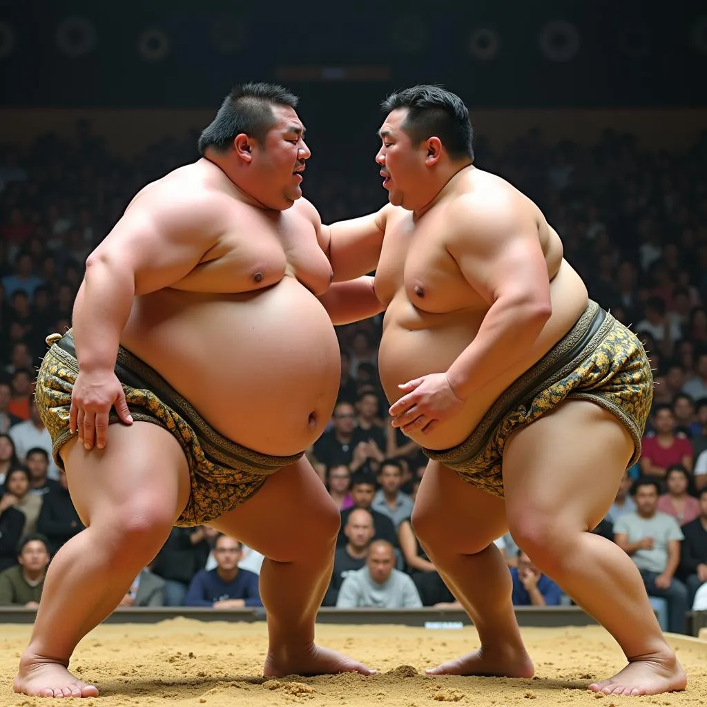 Sumo wrestlers facing off in a tournament