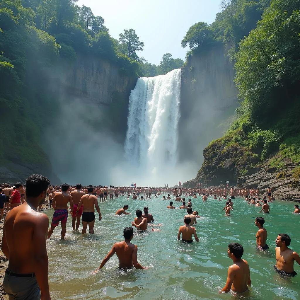 Tourists swimming at Dudhsagar Falls