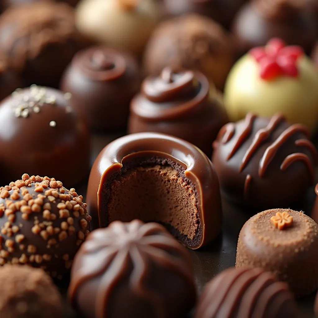 An assortment of decadent Swiss chocolate pralines and truffles